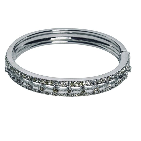 Nadri Silver Tone And Clear Crystal Hinged Bangle Bracelet (5946) - Picture 1 of 7